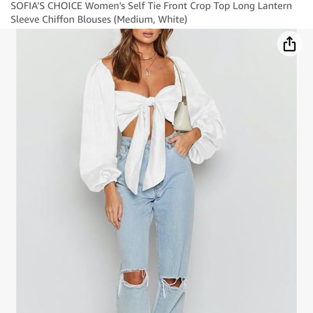 NWT SOFIA'S CHOICE Tie Front Crop Top Long Lantern Sleeve Chiffon Blouse